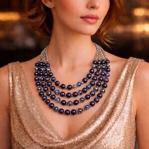 Vintage 4 Strand Bead Necklace Silver Blue Beads Silver Chain 22" long - Hey Viv